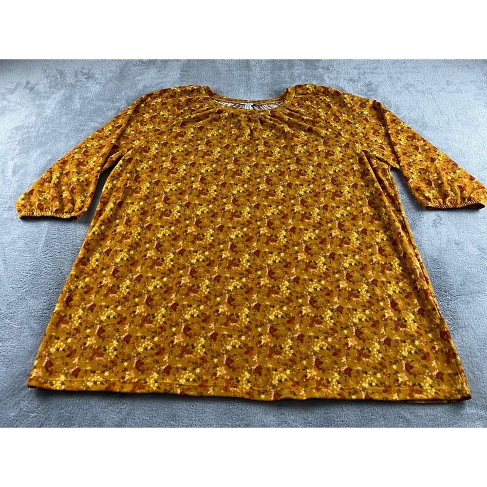 Denim & Co Womens 2X Mustard Yellow Ditsy Floral 3/4 Sleeve Knit Top Pullover